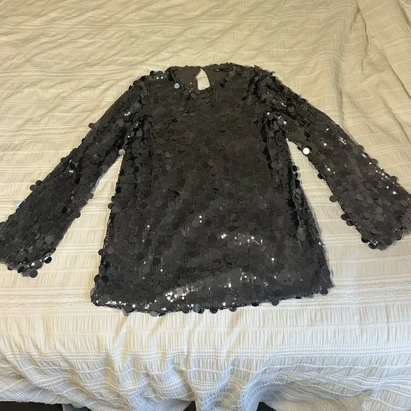 Zara Silver Sequin Long Sleeve Dress - Picture 6 of 10